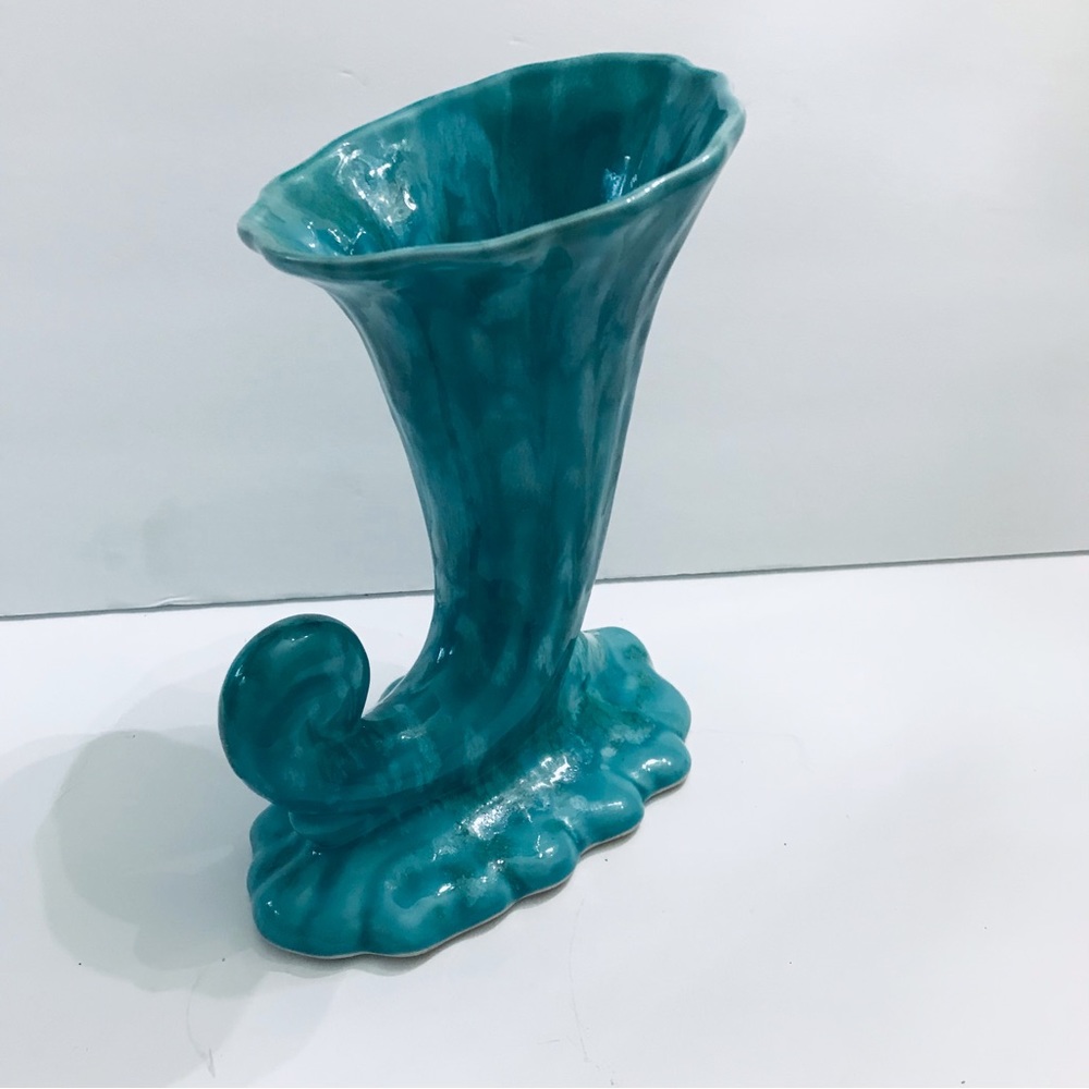 Vintage Dryden Arkansas Pottery Art Vase Teal Blue Cornucopia Vase